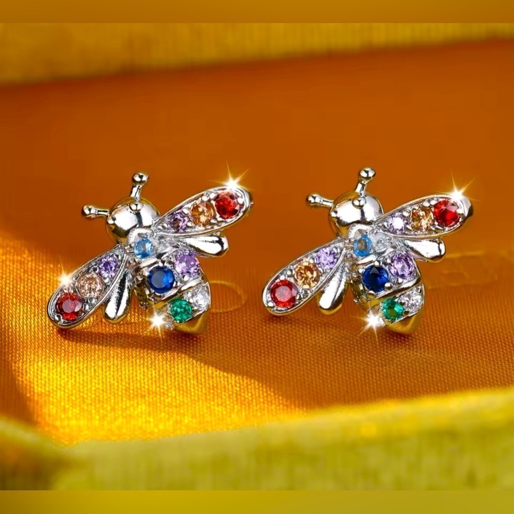 925 Sterling Silver Bohemian Rainbow Zircon Bumblebee Honey Bee Stud Earrings